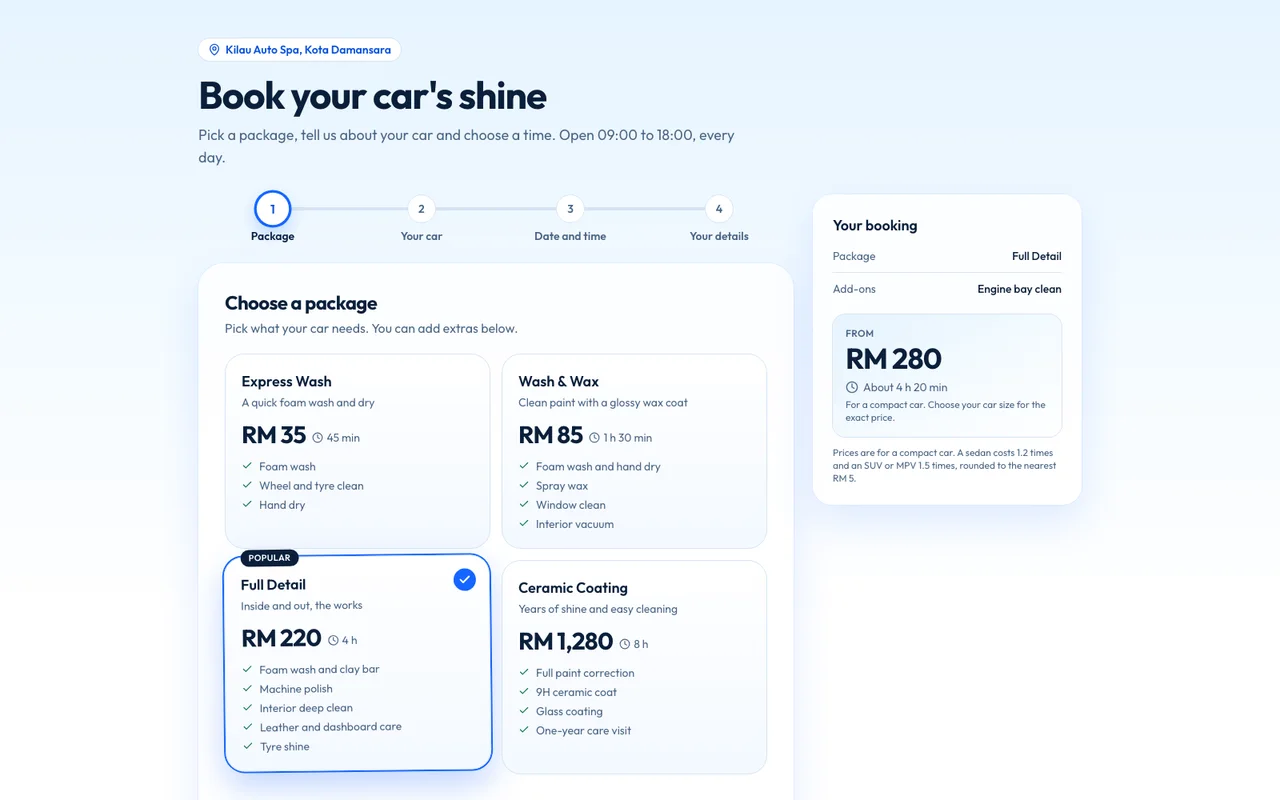 The AutoSpa OS booking page: four package cards with Full Detail selected, a step bar and a live price summary