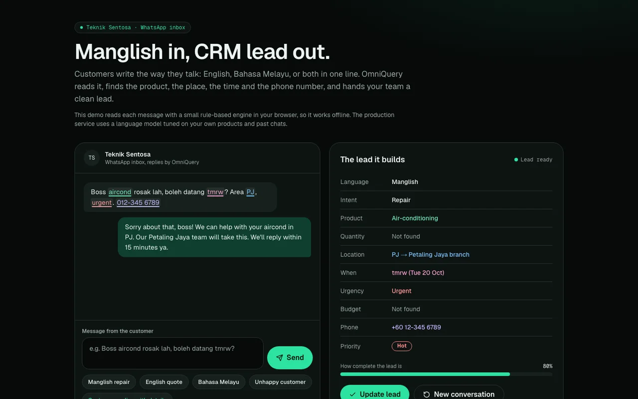 The OmniQuery demo: a Manglish enquiry with its words underlined by meaning, the reply, and the lead card filled in with product, place, time and phone