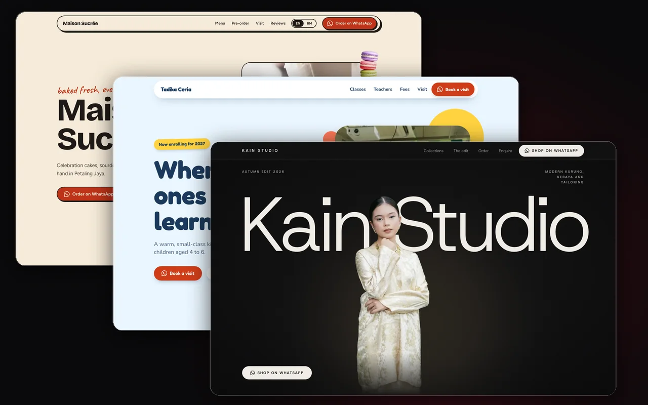 Three sample websites stacked like browser windows: a cream bakery site, a sky-blue kindergarten site and a dark clothing label site